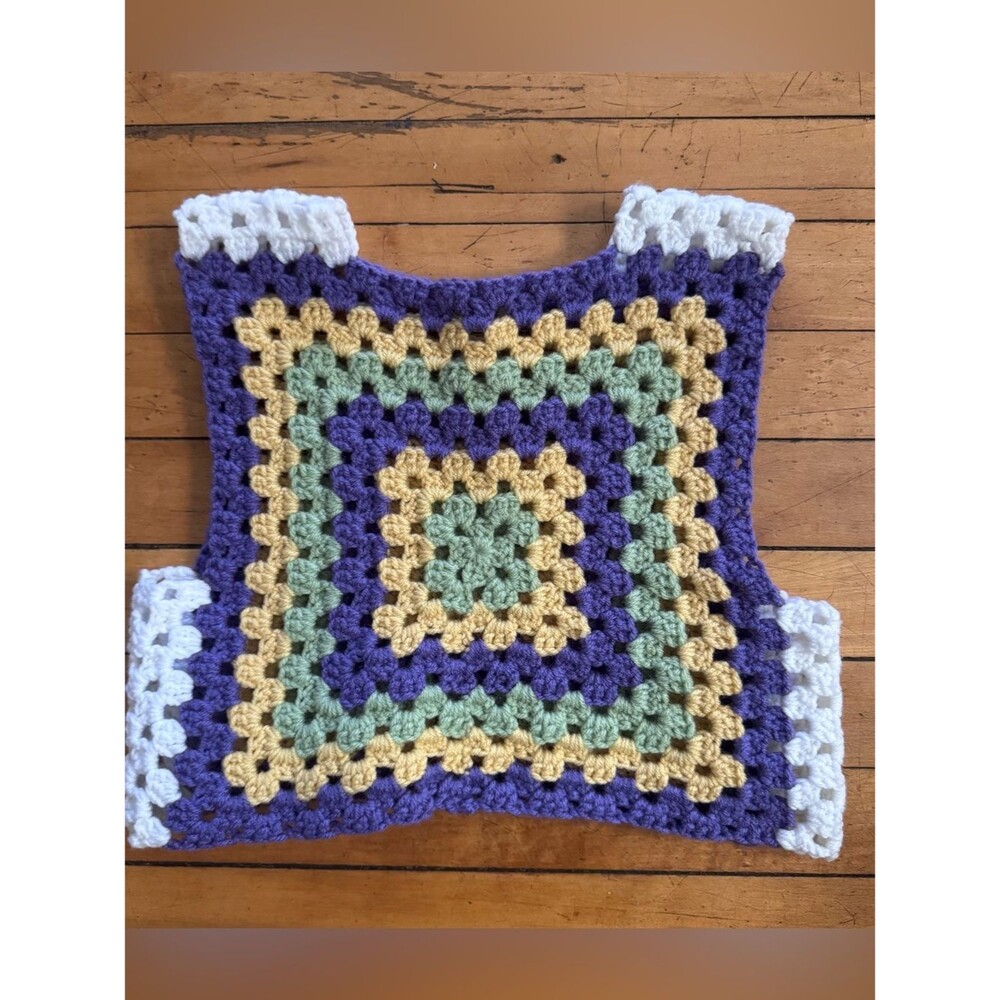 Vintage kids granny square knit tank top white yellow green purple Vtg 90s boho
